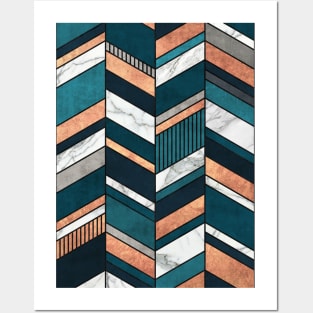 Abstract Chevron Pattern - Copper, Marble, and Blue Concrete Posters and Art